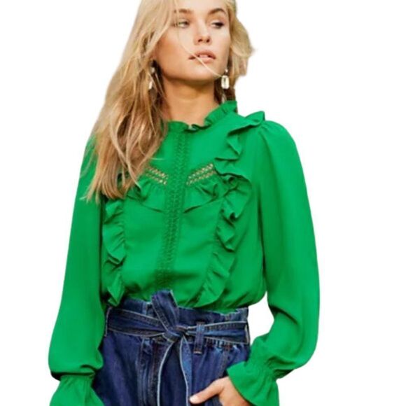 NWT Kelly Green Victorian Boho Ruffle Recycled Polyester Blouse - Picture 1 of 15